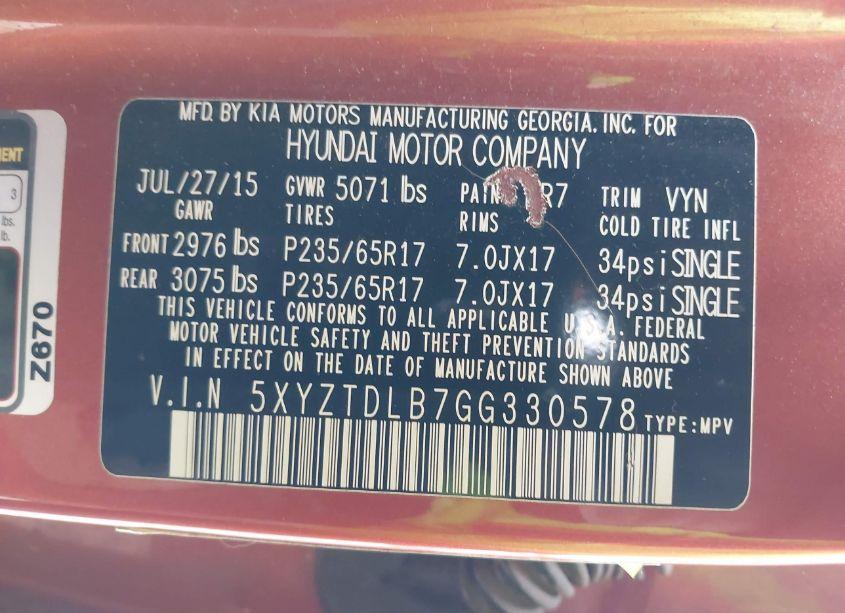 Photo 9 of 2016 Hyundai Santa FE SPORT 2.4L (VIN 5XYZTDLB7GG330578)