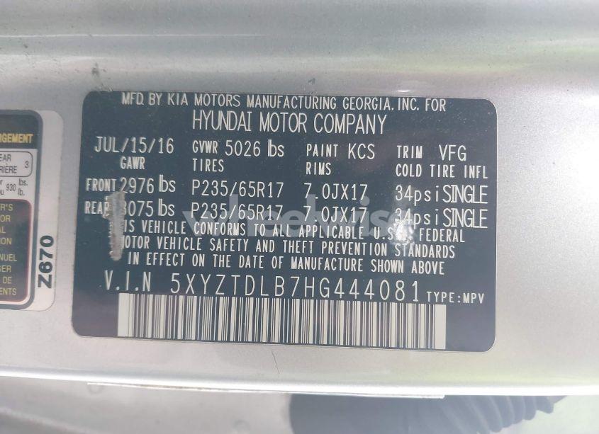 Photo 9 of 2017 Hyundai Santa FE SPORT 2.4L (VIN 5XYZTDLB7HG444081)