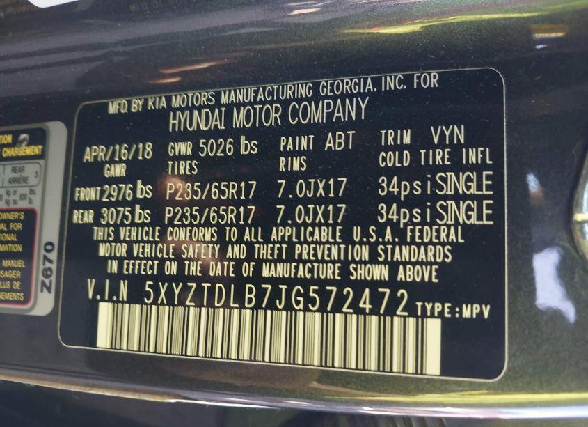 Photo 9 of 2018 Hyundai Santa FE SPORT 2.4L (VIN 5XYZTDLB7JG572472)