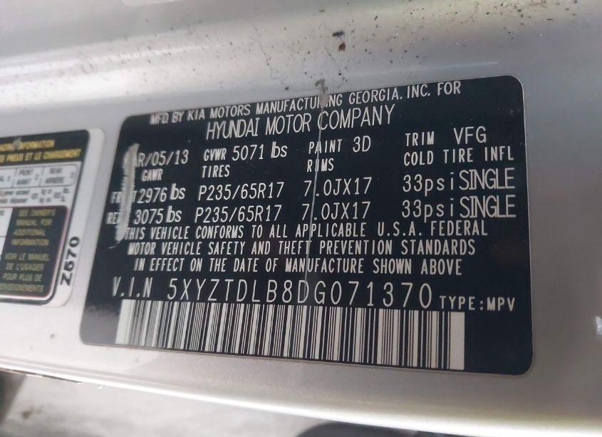 Photo 9 of 2013 Hyundai Santa FE SPORT (VIN 5XYZTDLB8DG071370)