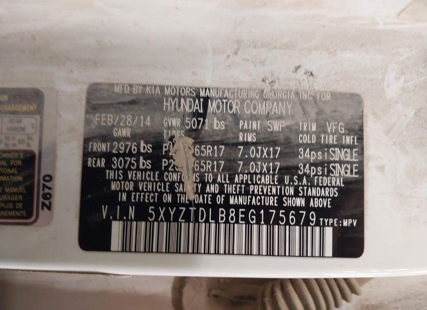 Photo 9 of 2014 Hyundai Santa FE SPORT 2.4L (VIN 5XYZTDLB8EG175679)