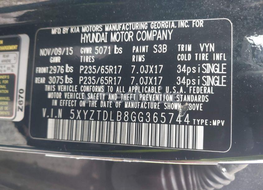 Photo 9 of 2016 Hyundai Santa FE SPORT 2.4L (VIN 5XYZTDLB8GG365744)