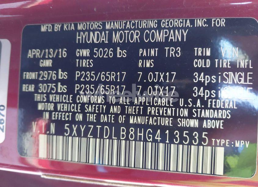 Photo 9 of 2017 Hyundai Santa FE SPORT 2.4L (VIN 5XYZTDLB8HG413535)