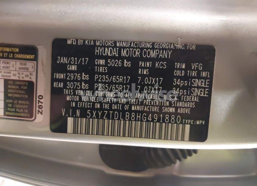 Photo 9 of 2017 Hyundai Santa FE SPORT 2.4L (VIN 5XYZTDLB8HG491880)