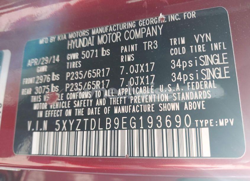 Photo 9 of 2014 Hyundai Santa FE SPORT 2.4L (VIN 5XYZTDLB9EG193690)