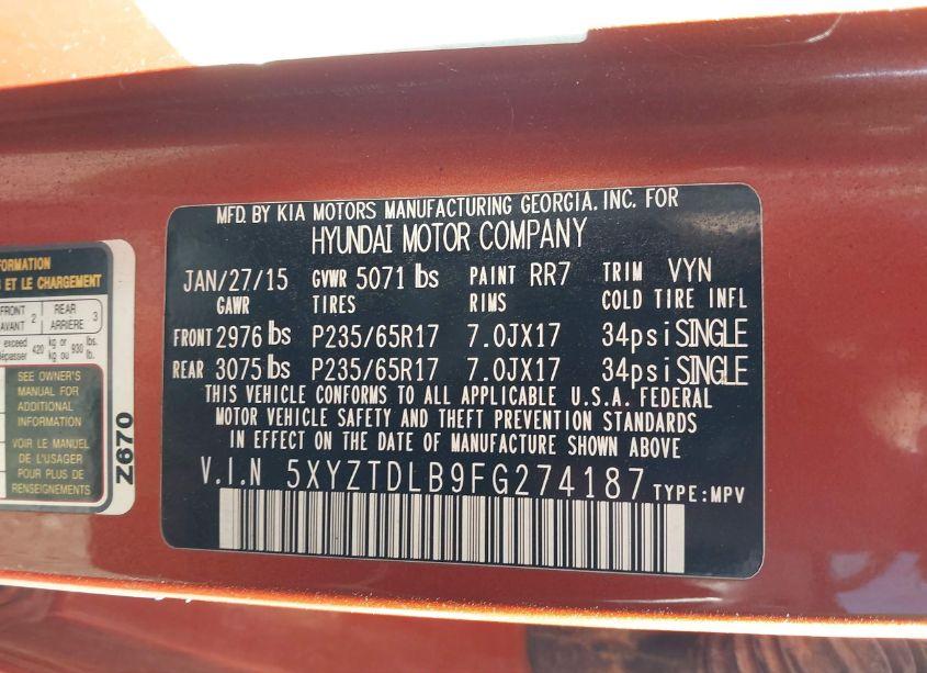 Photo 9 of 2015 Hyundai Santa FE SPORT 2.4L (VIN 5XYZTDLB9FG274187)