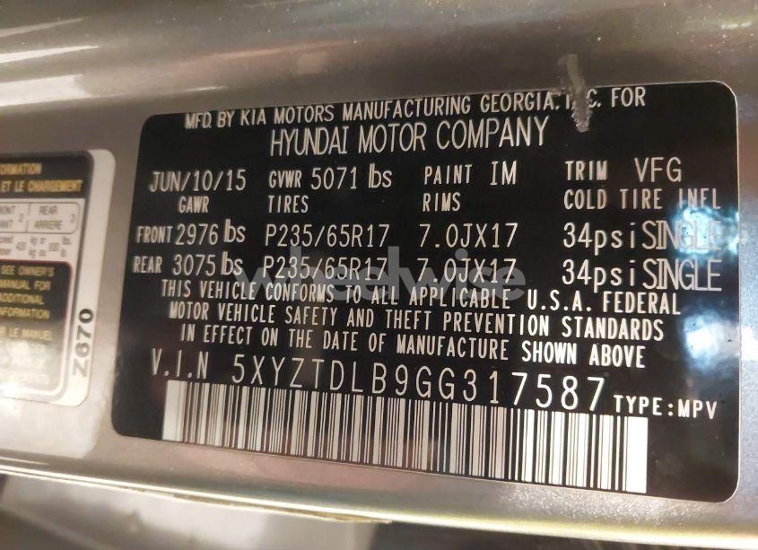 Photo 9 of 2016 Hyundai Santa FE SPORT 2.4L (VIN 5XYZTDLB9GG317587)