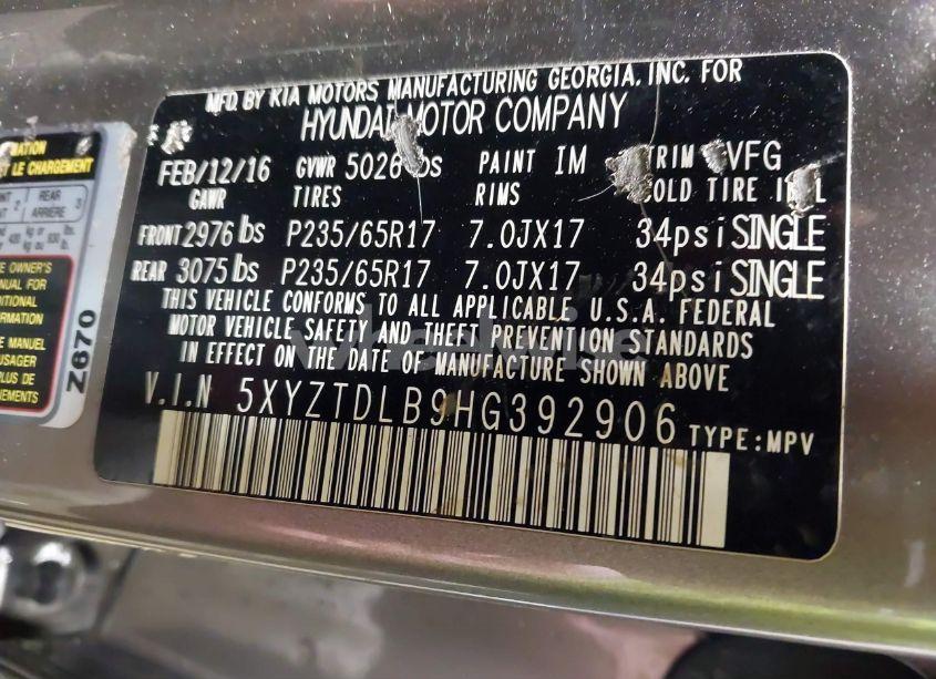 Photo 9 of 2017 Hyundai Santa FE SPORT 2.4L (VIN 5XYZTDLB9HG392906)