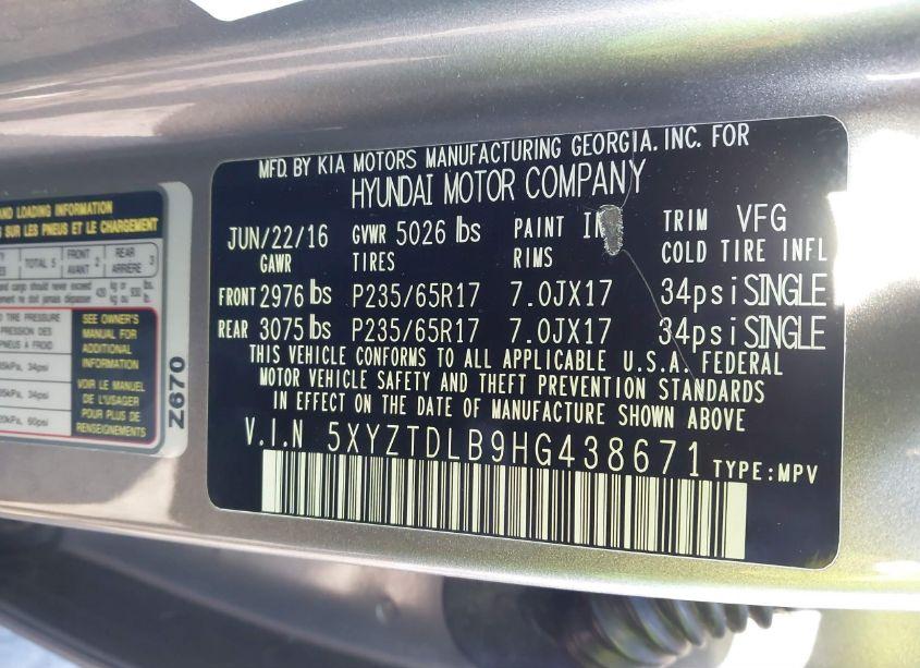 Photo 9 of 2017 Hyundai Santa FE SPORT 2.4L (VIN 5XYZTDLB9HG438671)