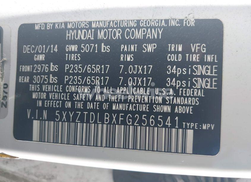 Photo 9 of 2015 Hyundai Santa FE SPORT 2.4L (VIN 5XYZTDLBXFG256541)