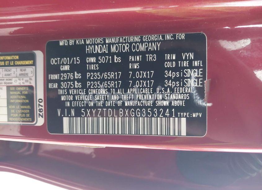 Photo 9 of 2016 Hyundai Santa FE SPORT 2.4L (VIN 5XYZTDLBXGG353241)