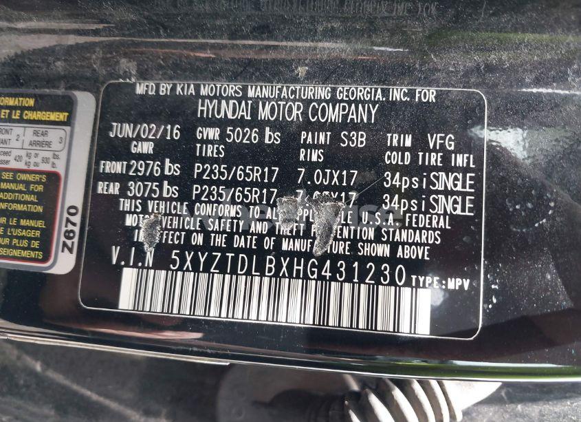 Photo 9 of 2017 Hyundai Santa FE SPORT 2.4L (VIN 5XYZTDLBXHG431230)