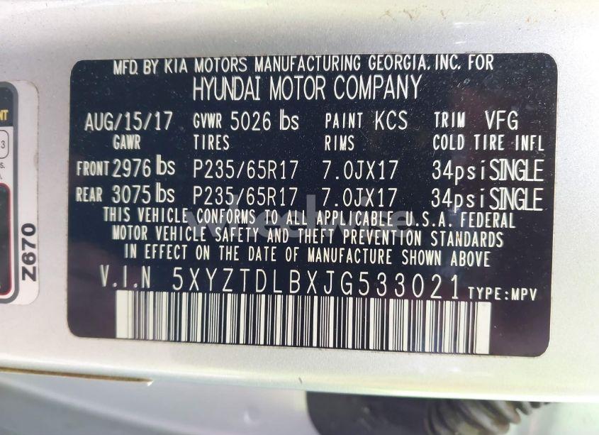 Photo 9 of 2018 Hyundai Santa FE SPORT 2.4L (VIN 5XYZTDLBXJG533021)