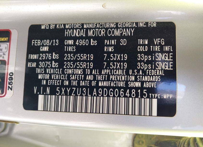 Photo 9 of 2013 Hyundai Santa FE SPORT 2.0T (VIN 5XYZU3LA9DG064815)