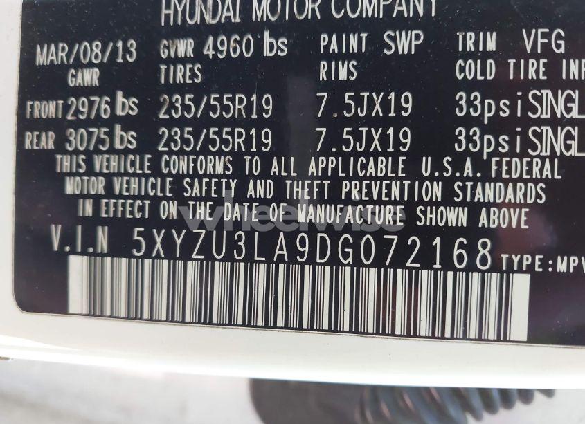 Photo 9 of 2013 Hyundai Santa FE SPORT 2.0T (VIN 5XYZU3LA9DG072168)