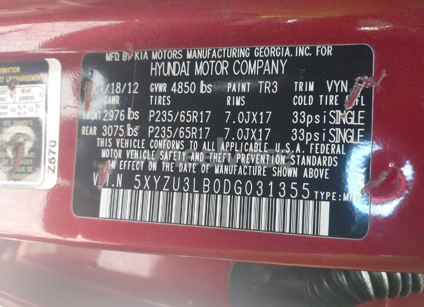 Photo 9 of 2013 Hyundai Santa FE SPORT (VIN 5XYZU3LB0DG031355)