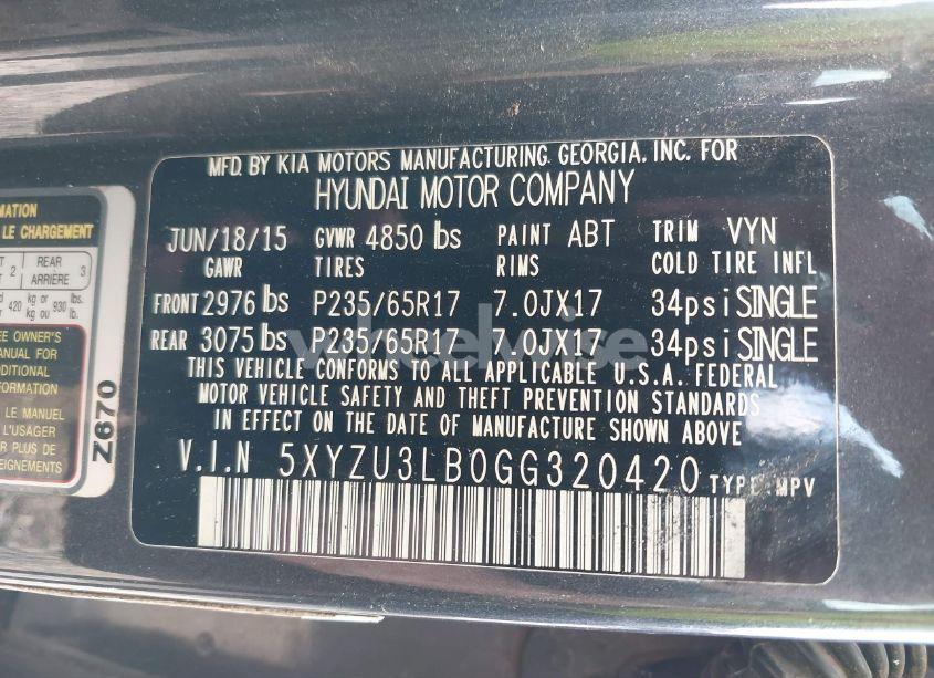 Photo 9 of 2016 Hyundai Santa FE SPORT 2.4L (VIN 5XYZU3LB0GG320420)