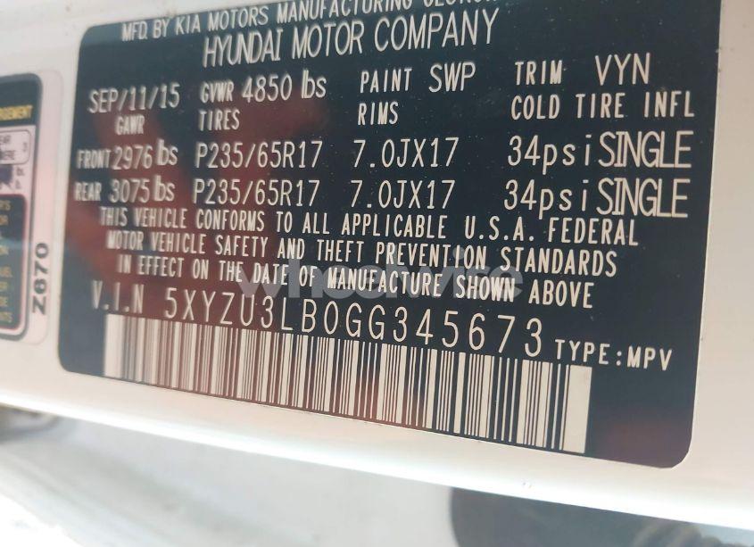 Photo 9 of 2016 Hyundai Santa FE SPORT 2.4L (VIN 5XYZU3LB0GG345673)