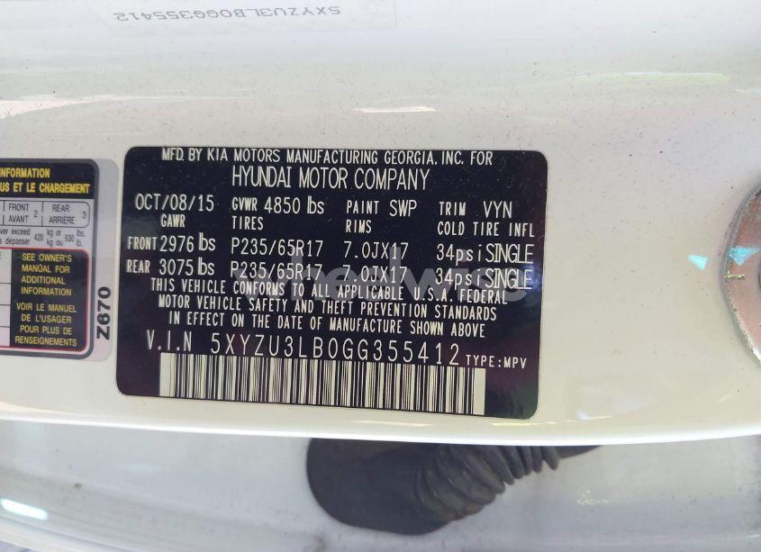 Photo 9 of 2016 Hyundai Santa FE SPORT 2.4L (VIN 5XYZU3LB0GG355412)