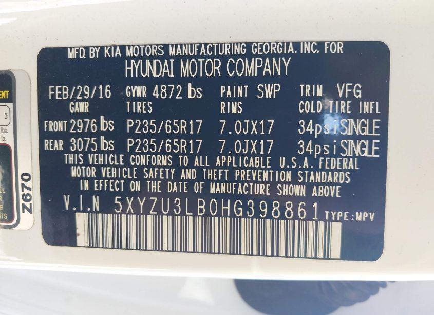 Photo 9 of 2017 Hyundai Santa FE SPORT 2.4L (VIN 5XYZU3LB0HG398861)