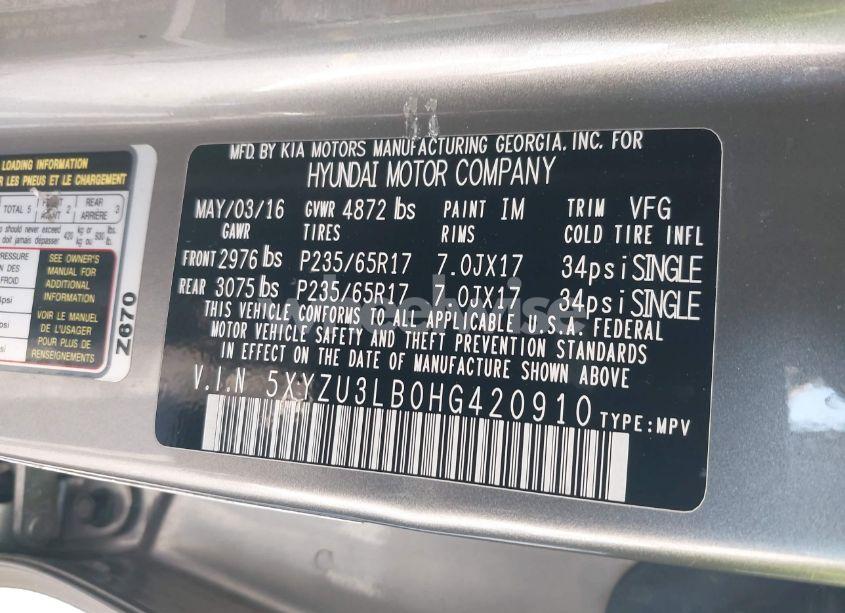 Photo 9 of 2017 Hyundai Santa FE SPORT 2.4L (VIN 5XYZU3LB0HG420910)