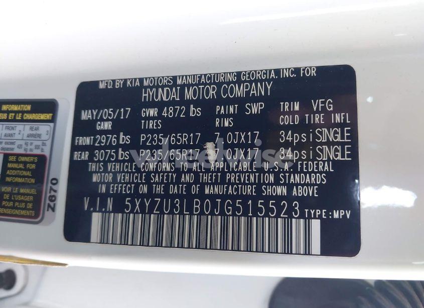 Photo 9 of 2018 Hyundai Santa FE SPORT 2.4L (VIN 5XYZU3LB0JG515523)