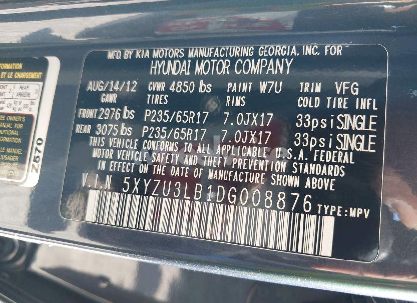 Photo 9 of 2013 Hyundai Santa FE SPORT (VIN 5XYZU3LB1DG008876)