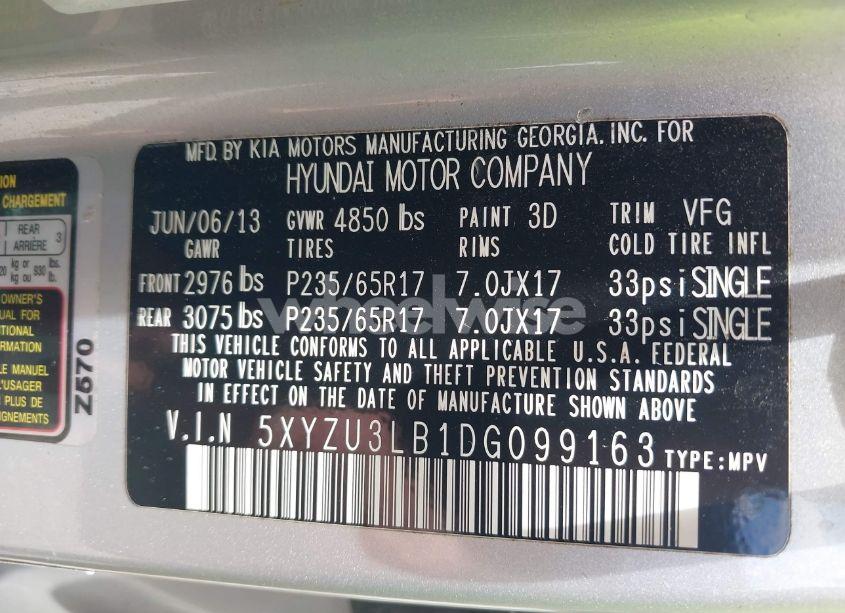 Photo 9 of 2013 Hyundai Santa FE SPORT (VIN 5XYZU3LB1DG099163)