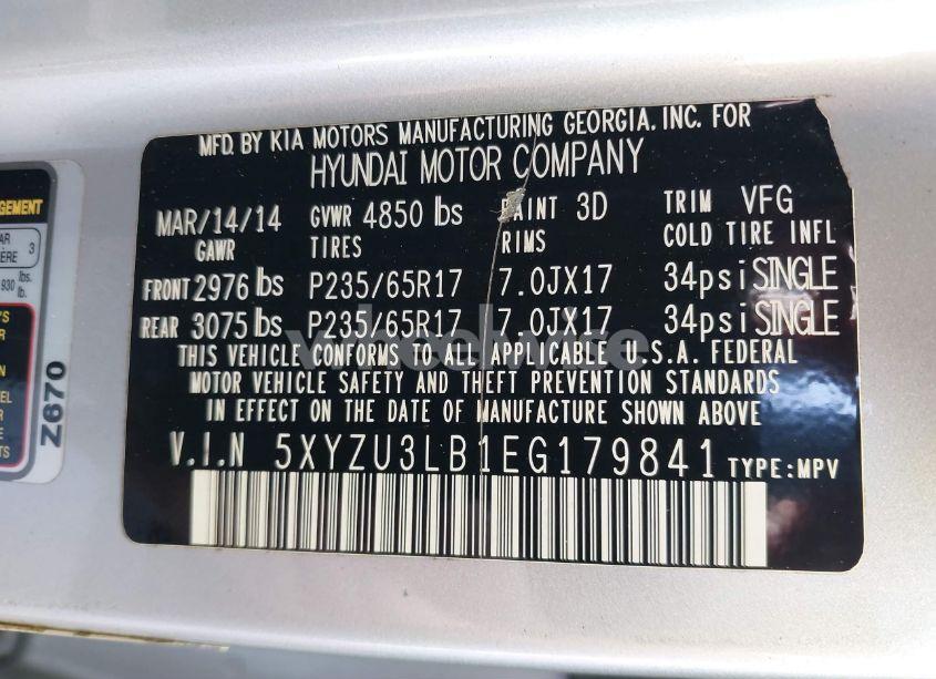 Photo 9 of 2014 Hyundai Santa FE SPORT 2.4L (VIN 5XYZU3LB1EG179841)