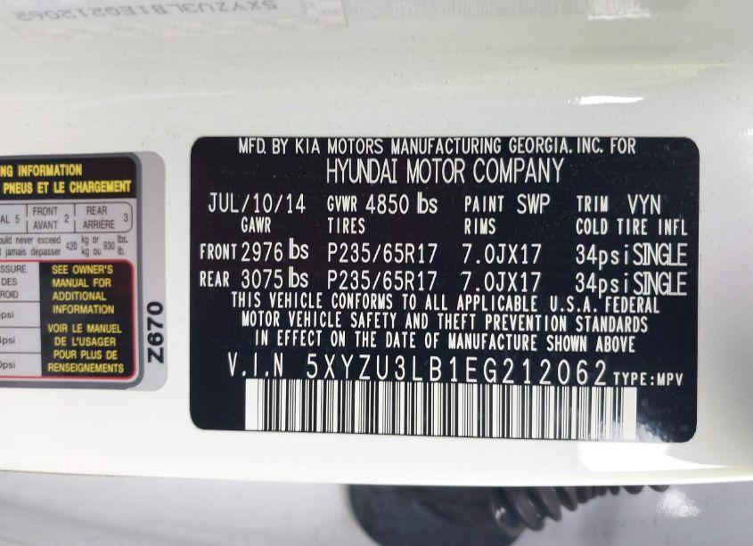 Photo 9 of 2014 Hyundai Santa FE SPORT 2.4L (VIN 5XYZU3LB1EG212062)