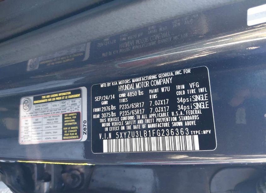 Photo 9 of 2015 Hyundai Santa FE SPORT 2.4L (VIN 5XYZU3LB1FG236363)