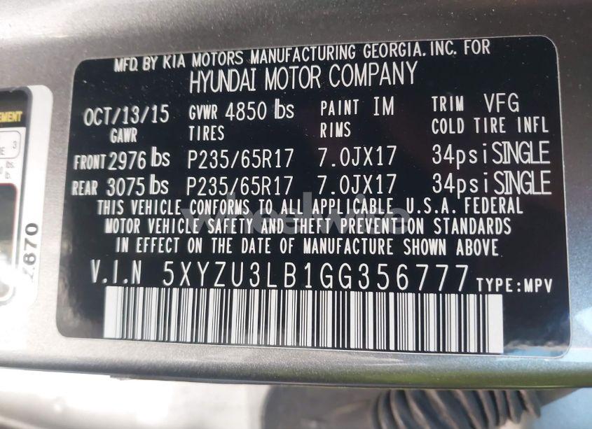 Photo 9 of 2016 Hyundai Santa FE SPORT 2.4L (VIN 5XYZU3LB1GG356777)