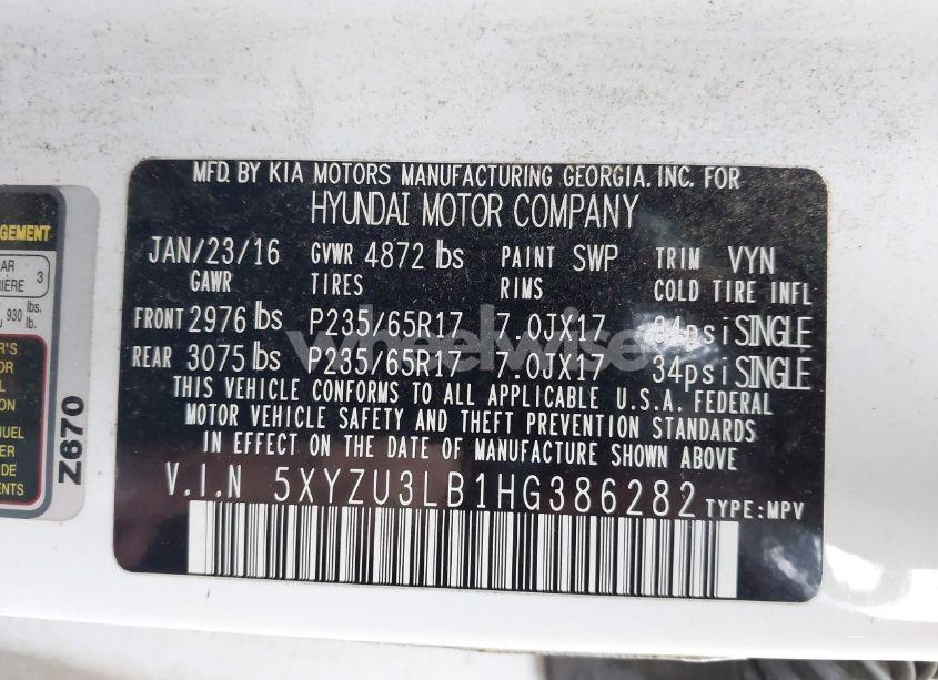 Photo 9 of 2017 Hyundai Santa FE SPORT 2.4L (VIN 5XYZU3LB1HG386282)