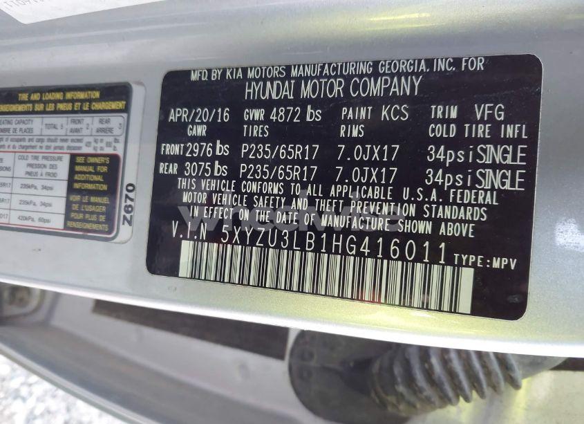 Photo 9 of 2017 Hyundai Santa FE SPORT 2.4L (VIN 5XYZU3LB1HG416011)