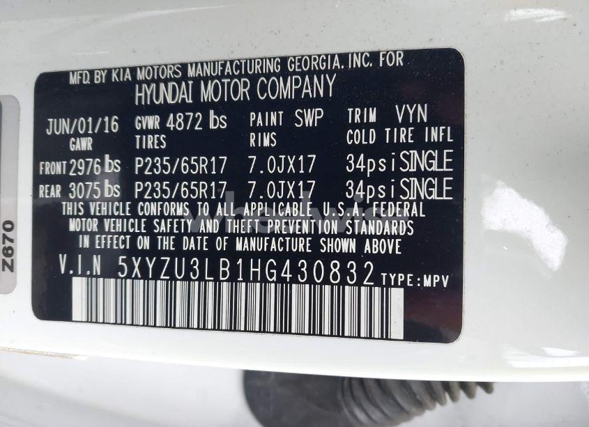 Photo 9 of 2017 Hyundai Santa FE SPORT 2.4L (VIN 5XYZU3LB1HG430832)