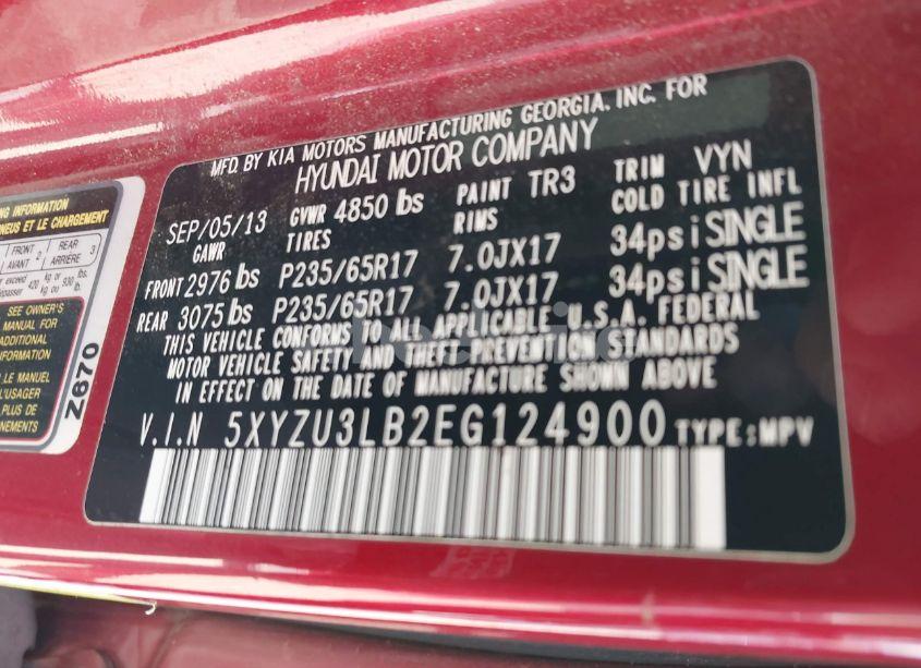 Photo 9 of 2014 Hyundai Santa FE SPORT 2.4L (VIN 5XYZU3LB2EG124900)