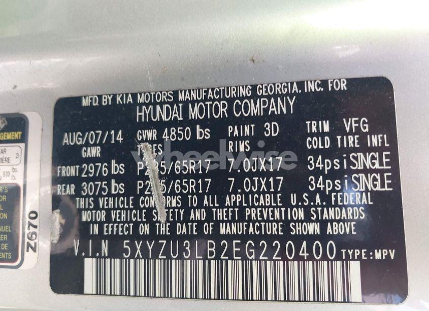 Photo 9 of 2014 Hyundai Santa FE SPORT 2.4L (VIN 5XYZU3LB2EG220400)