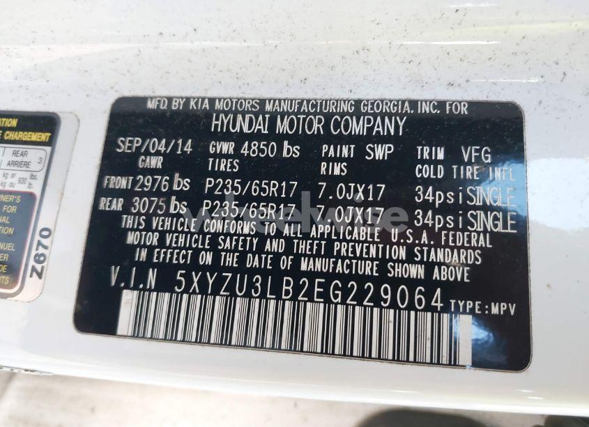 Photo 9 of 2014 Hyundai Santa FE SPORT 2.4L (VIN 5XYZU3LB2EG229064)