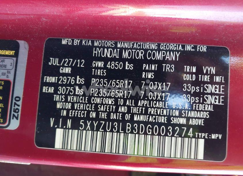 Photo 9 of 2013 Hyundai Santa FE SPORT (VIN 5XYZU3LB3DG003274)