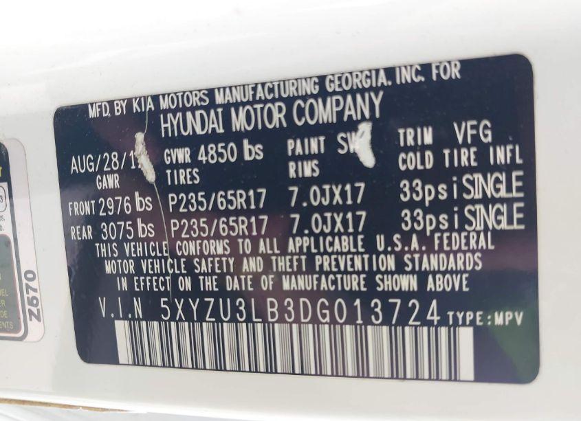 Photo 9 of 2013 Hyundai Santa FE SPORT (VIN 5XYZU3LB3DG013724)