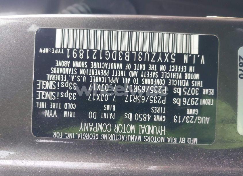 Photo 9 of 2013 Hyundai Santa FE SPORT (VIN 5XYZU3LB3DG121891)