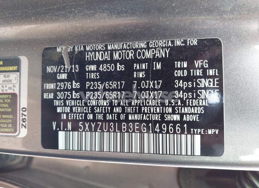 Photo 9 of 2014 Hyundai Santa FE SPORT 2.4L (VIN 5XYZU3LB3EG149661)