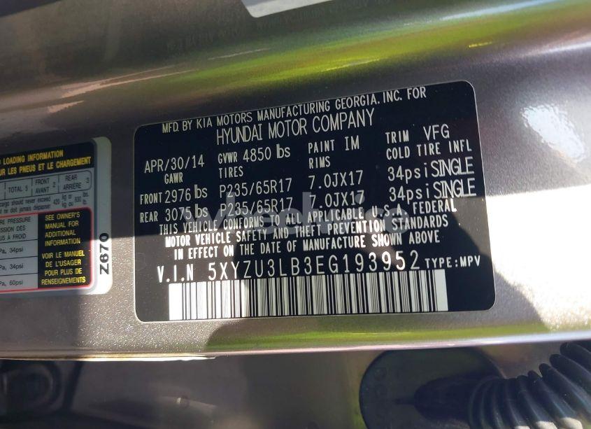 Photo 9 of 2014 Hyundai Santa FE SPORT 2.4L (VIN 5XYZU3LB3EG193952)