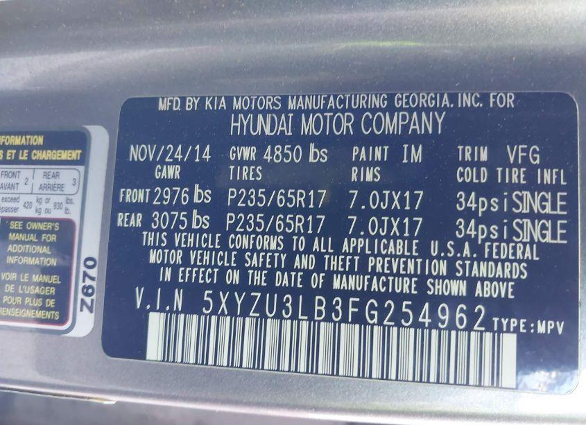 Photo 9 of 2015 Hyundai Santa FE SPORT 2.4L (VIN 5XYZU3LB3FG254962)