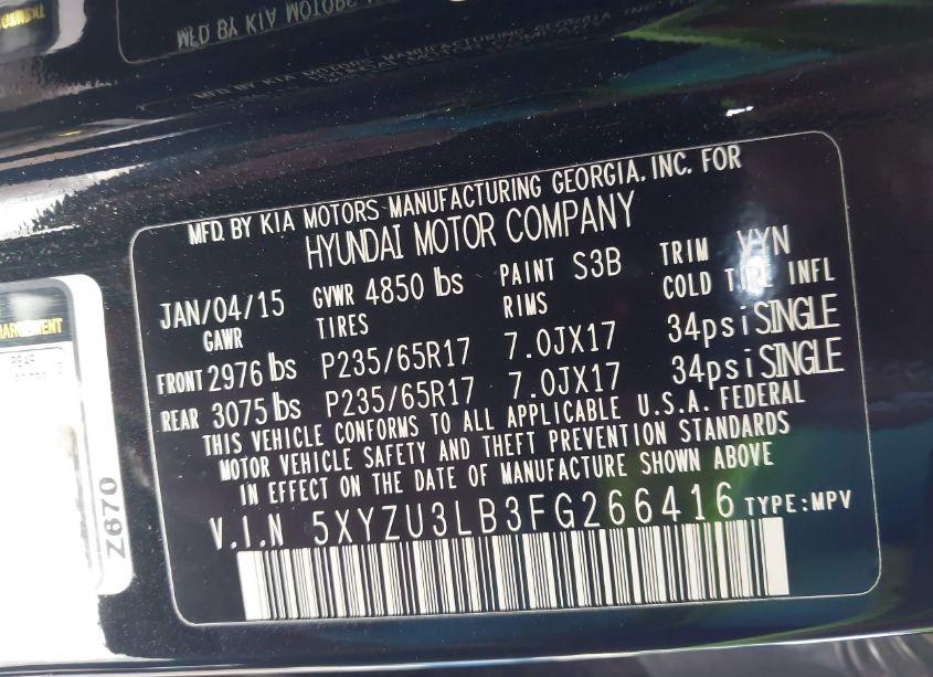 Photo 9 of 2015 Hyundai Santa FE SPORT 2.4L (VIN 5XYZU3LB3FG266416)