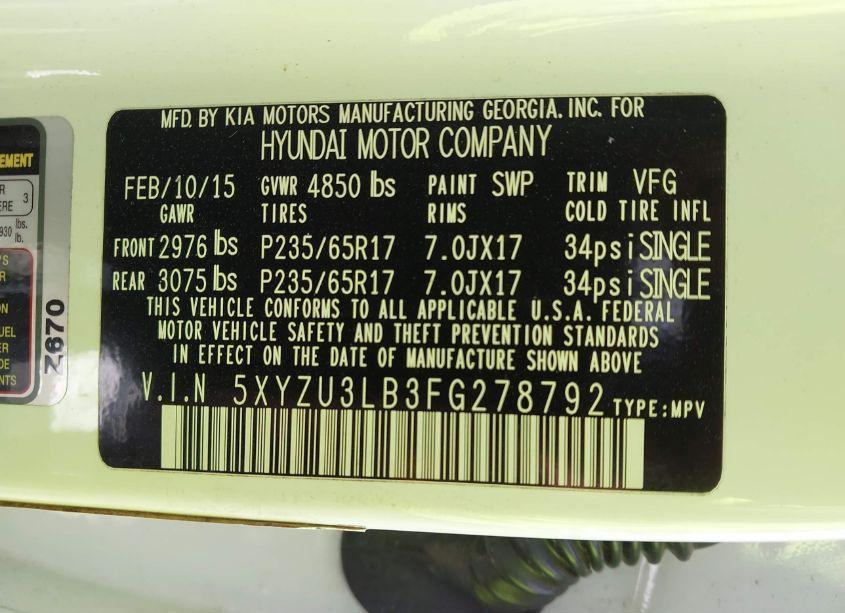 Photo 9 of 2015 Hyundai Santa FE SPORT 2.4L (VIN 5XYZU3LB3FG278792)