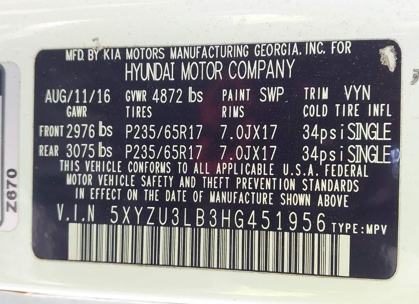 Photo 9 of 2017 Hyundai Santa FE SPORT 2.4L (VIN 5XYZU3LB3HG451956)