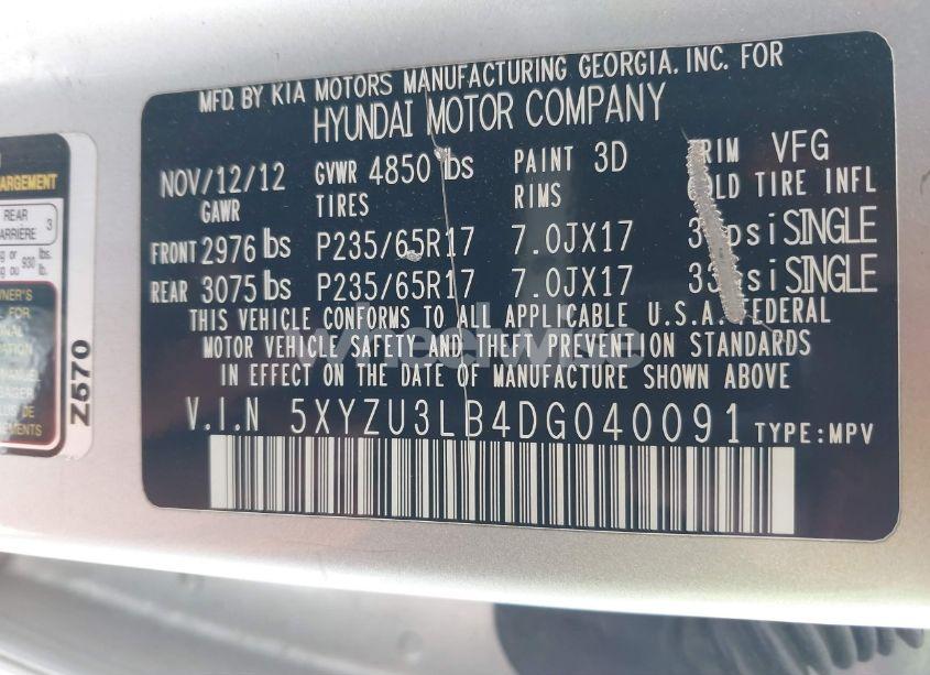 Photo 9 of 2013 Hyundai Santa FE SPORT (VIN 5XYZU3LB4DG040091)