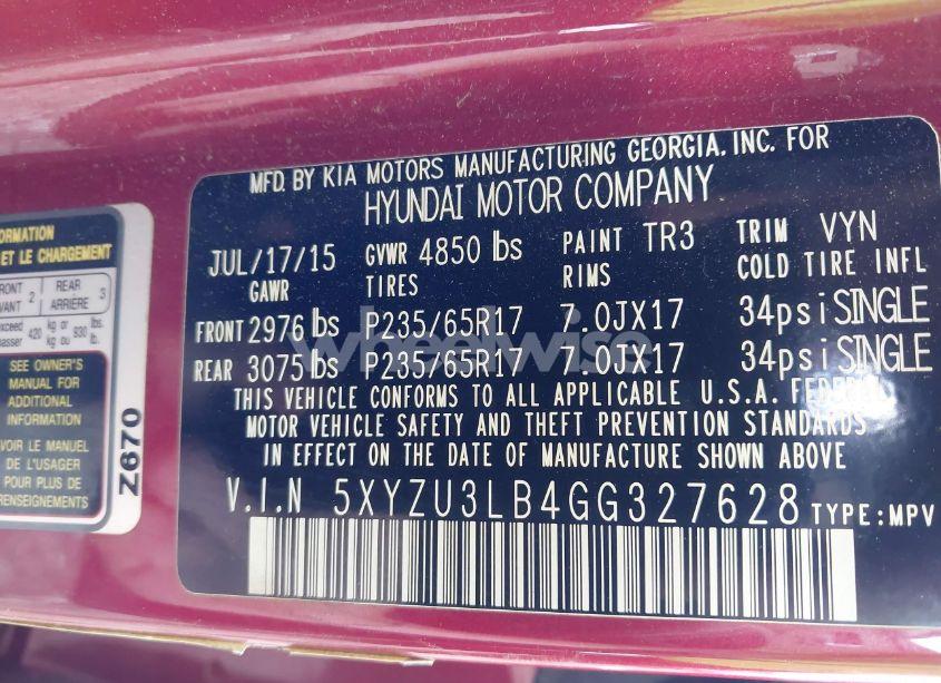 Photo 9 of 2016 Hyundai Santa FE SPORT 2.4L (VIN 5XYZU3LB4GG327628)