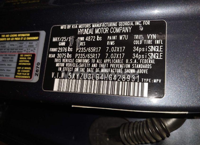 Photo 9 of 2017 Hyundai Santa FE SPORT 2.4L (VIN 5XYZU3LB4HG428931)